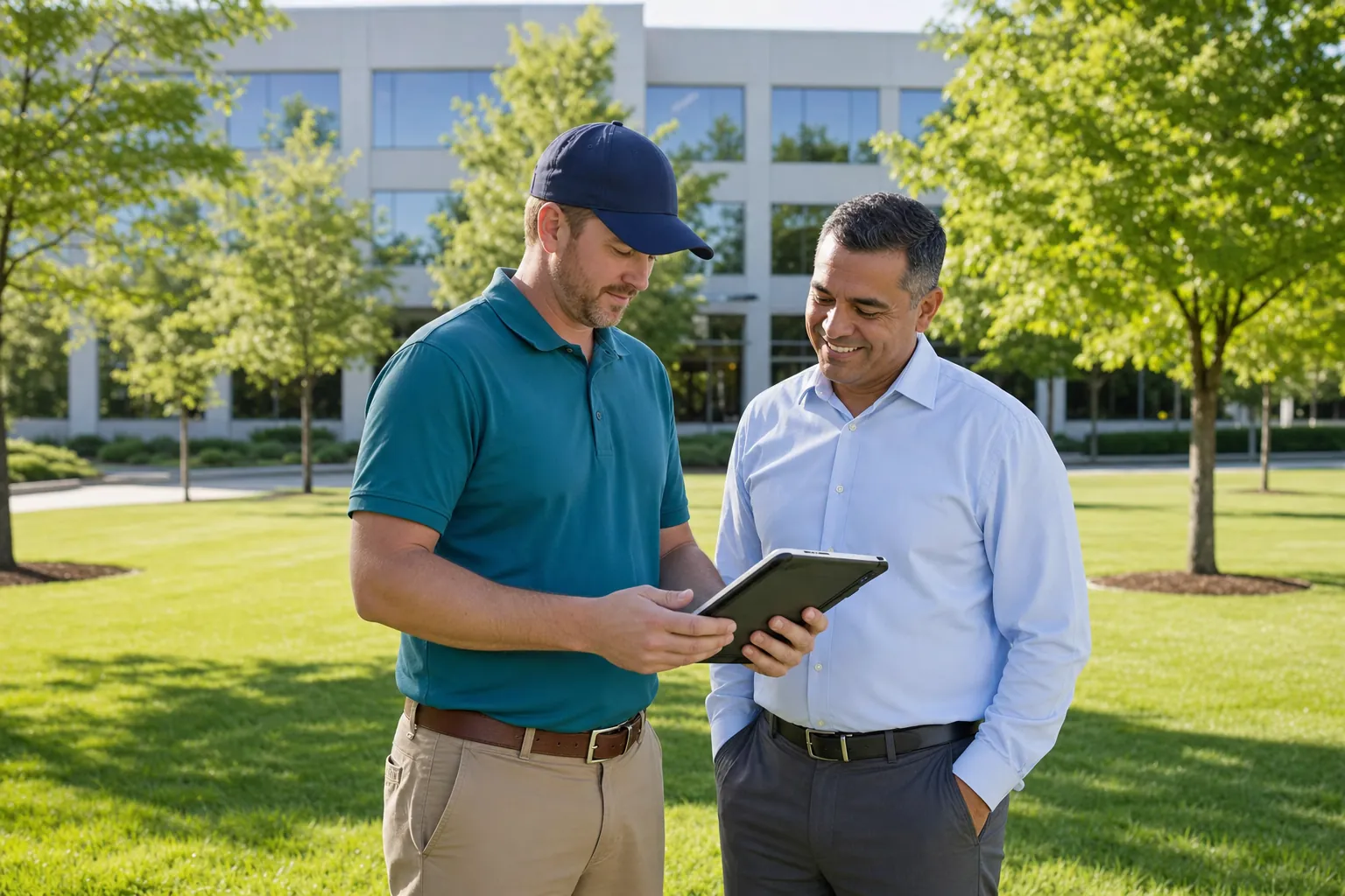 Account manager reviewing property checklist with facilities manager