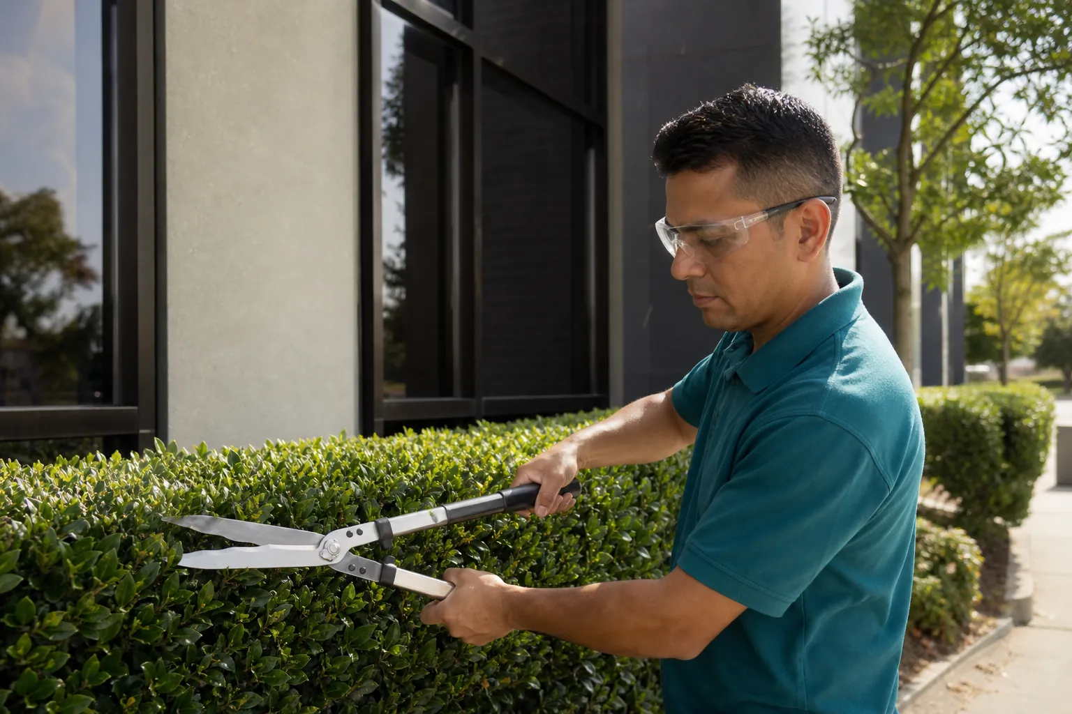 Uniformed crew member trimming a hedge
